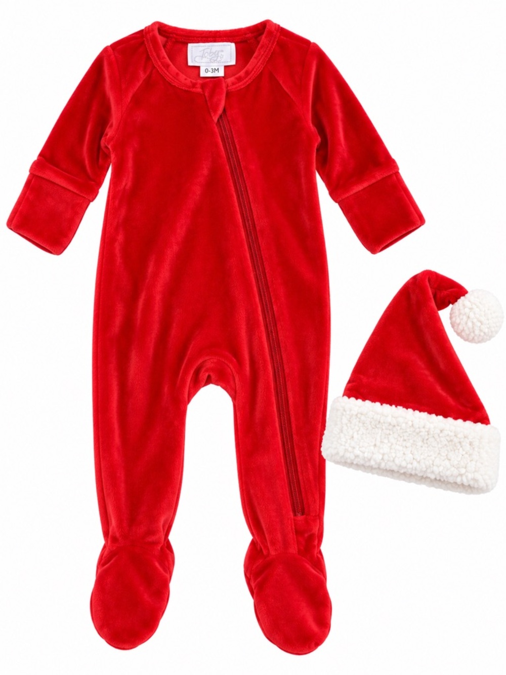 NWOT - Toby Baby Red Velvet Footed Christmas Sleeper & Santa Hat | Size 0-3M